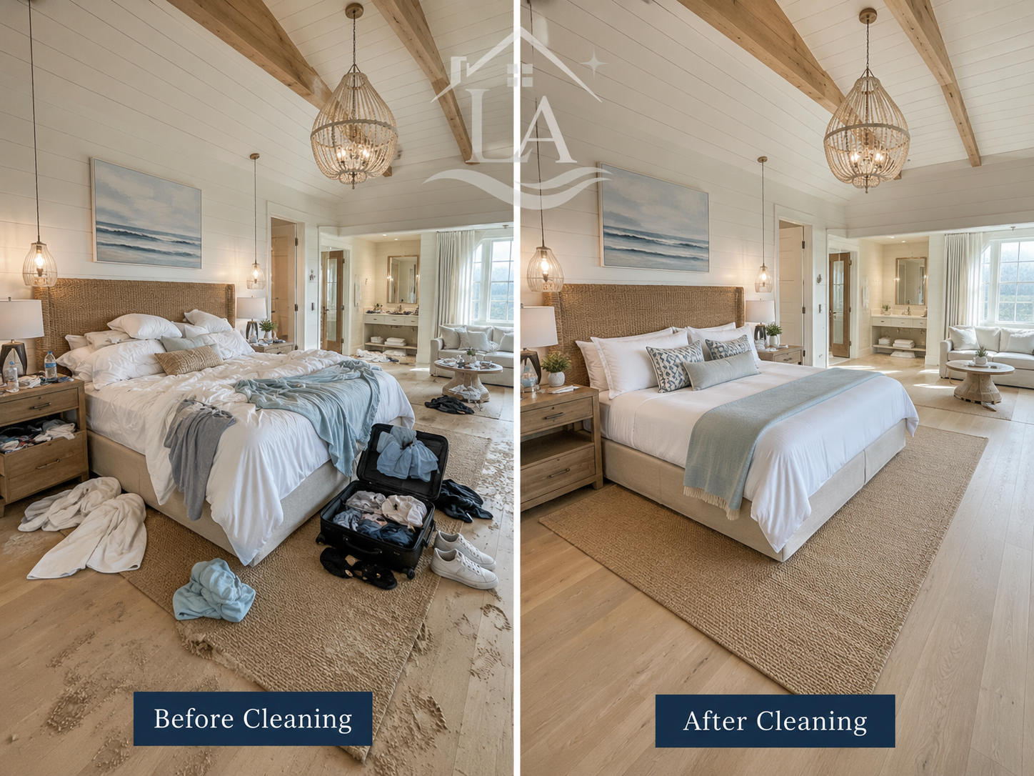 Before and after cleaning of a primary bedroom in a 30A beach home, luggage and sand replaced by crisp linens and a made bed