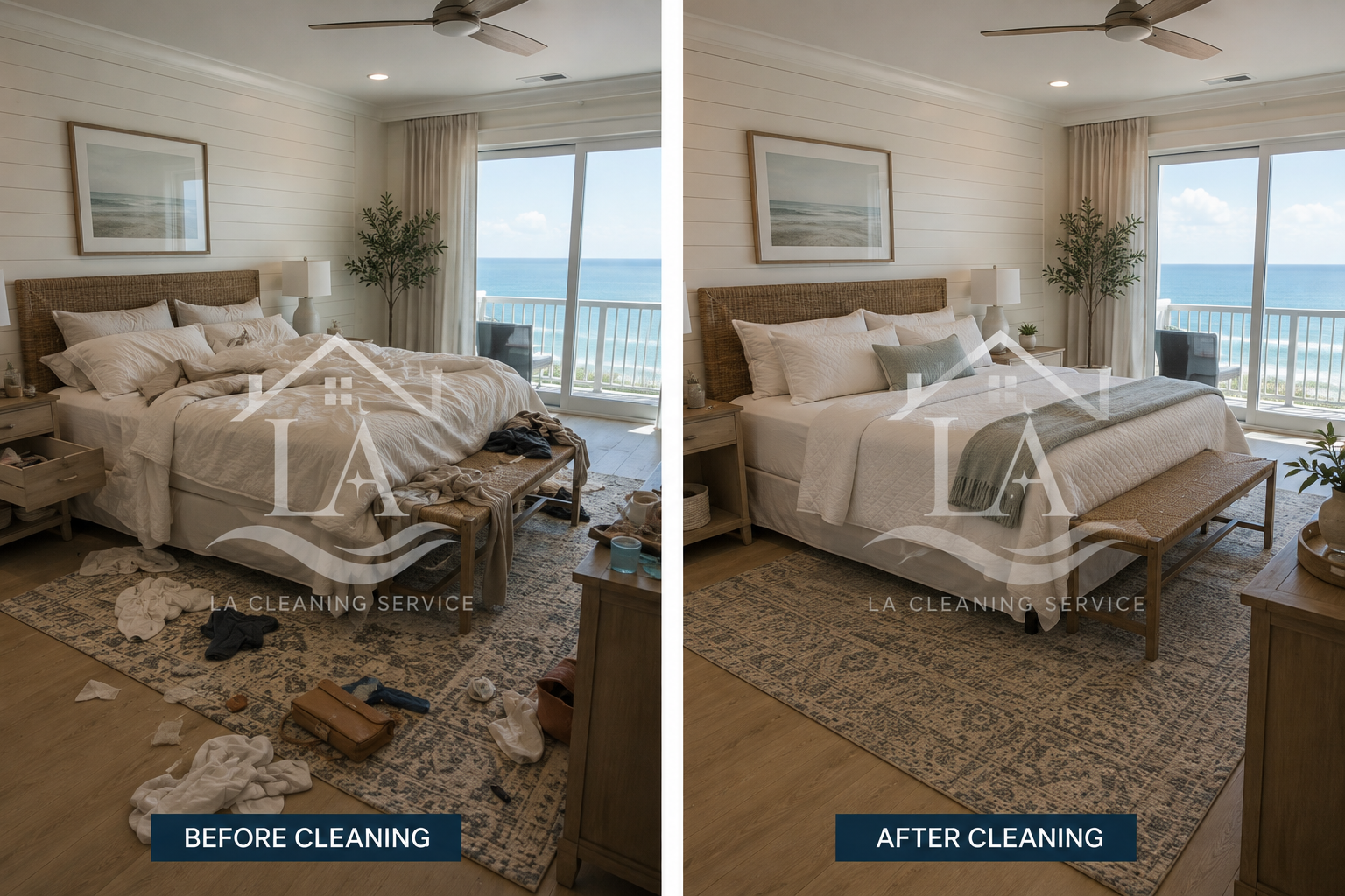 Before and after turnover cleaning of a gulf-front guest bedroom in a 30A vacation rental with fresh linens and a clean rug