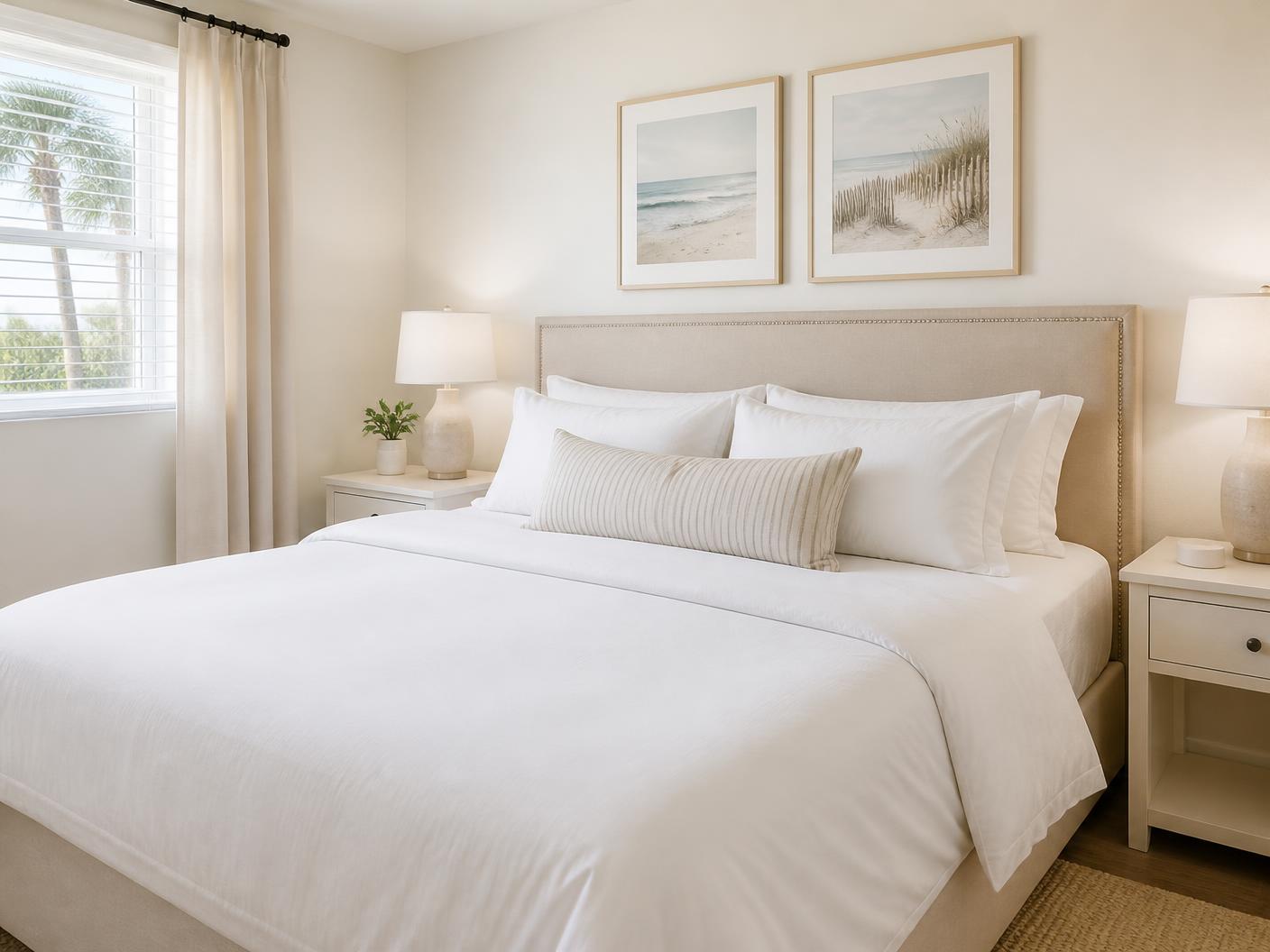 Professionally made bed with crisp white linens in a 30A vacation rental bedroom