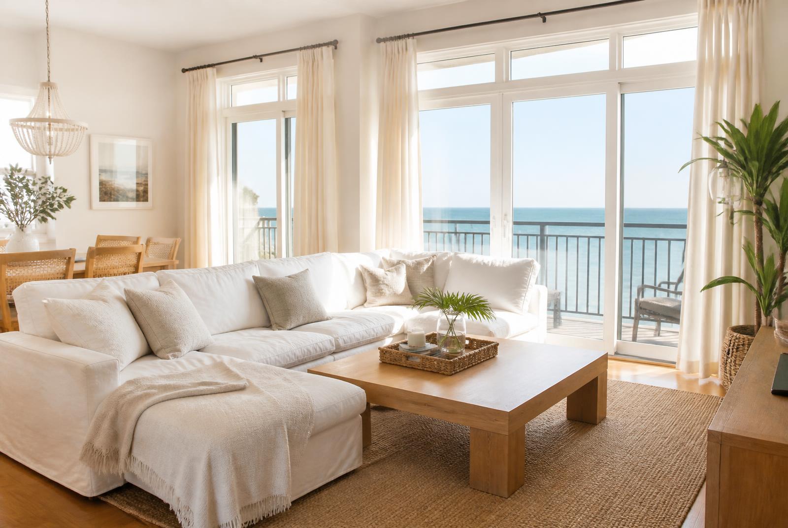 Clean, guest-ready coastal vacation rental living room in Panama City Beach